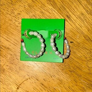 Clare V White and Gold Pearl Beaded Hoop Earrings